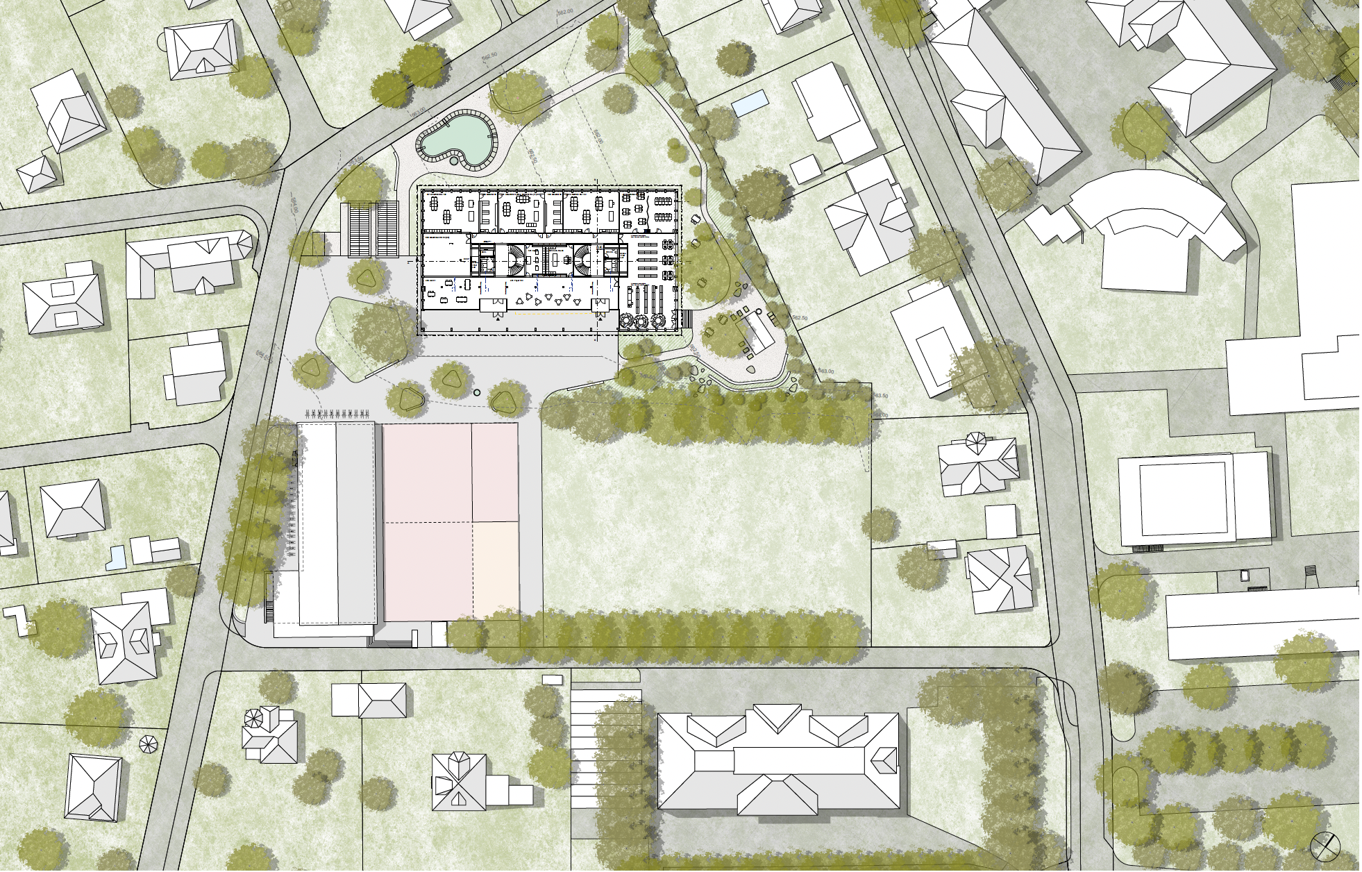Der Eingang des Erweiterungsbaus, der gedeckte Aussenbereich sowie alle belebten Bereiche sind gegen die durch einen Sportplatz und Spielwiese geprägte Mitte gerichtet. Parkähnliche Freiraumbereiche schaffen Abstand zu den umliegenden privaten Gebäuden.