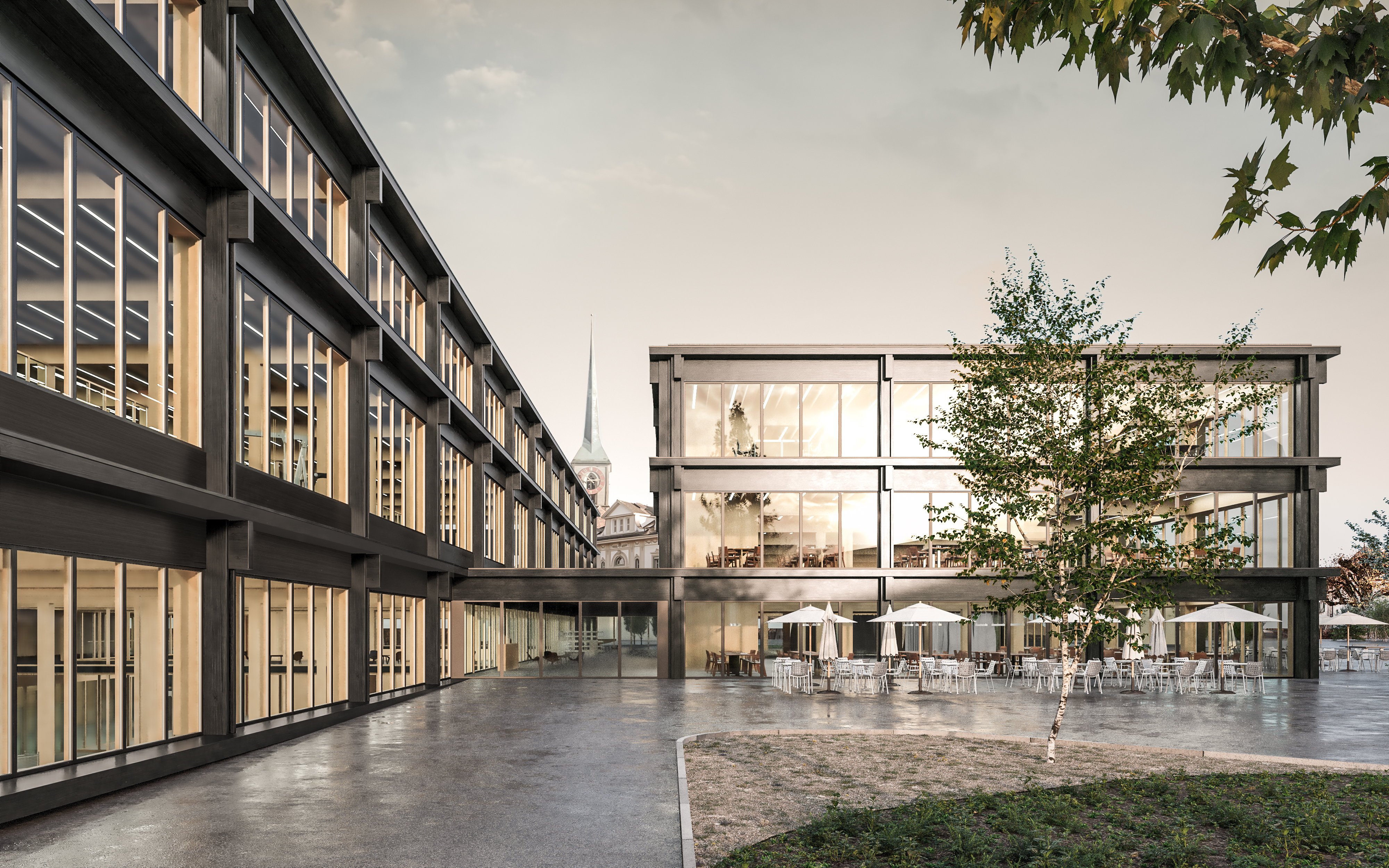 Blick Richtung Stadtzentrum auf den künftigen Aussenbereich der Mensa. (Visualisierung: indievisual AG)